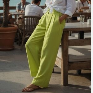 Farm Rio Womens Wide Leg Linen Pants In Lime Green Size Medium